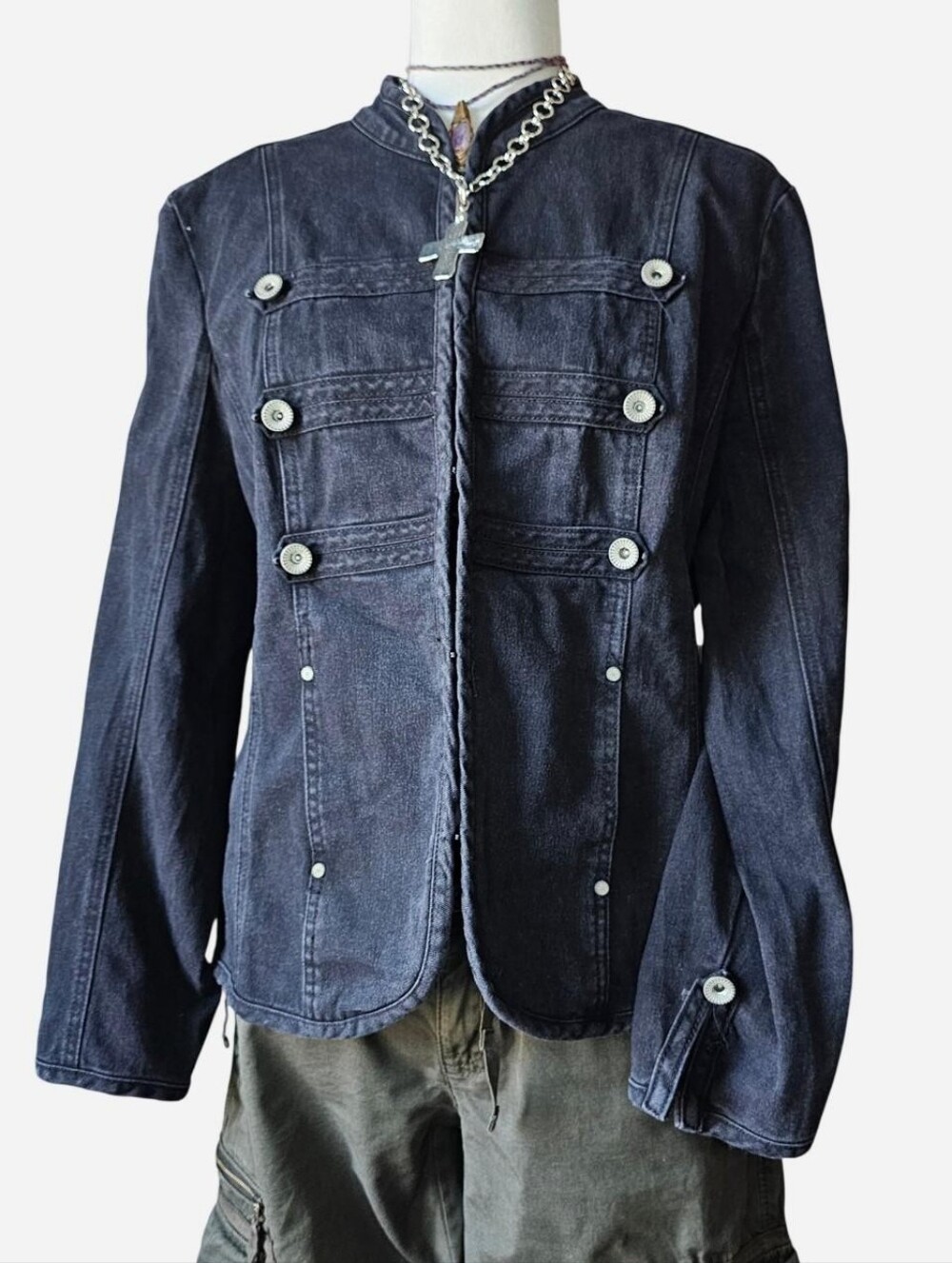 Live a Little Dark Indigo Military-Style Jean Jacket - Large